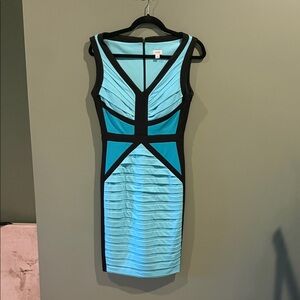 Cache Two-Tone Aqua and Black Bodycon Midi Dress